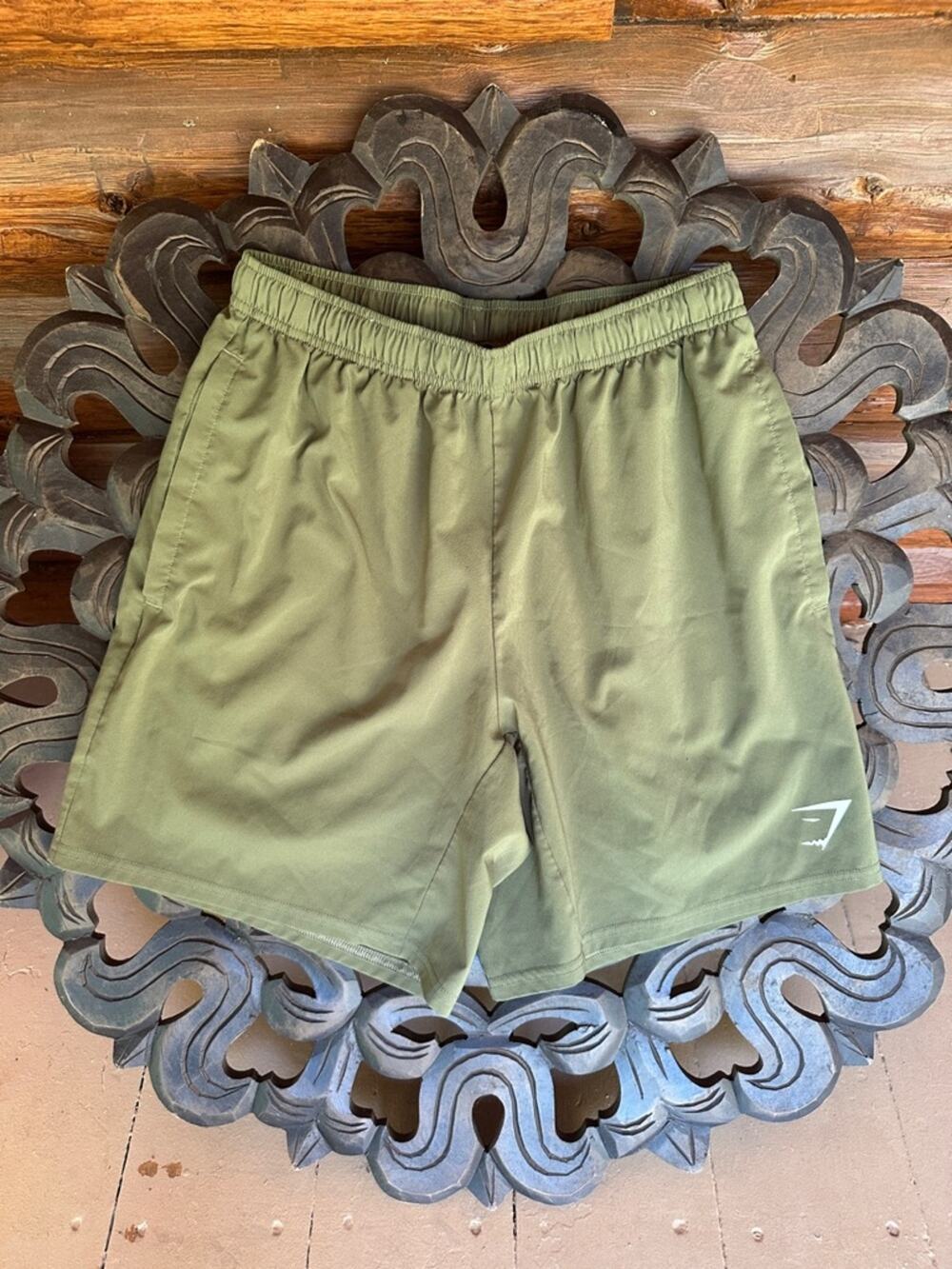 Gymshark Olive Green Athletic Shorts with White Logo Tag